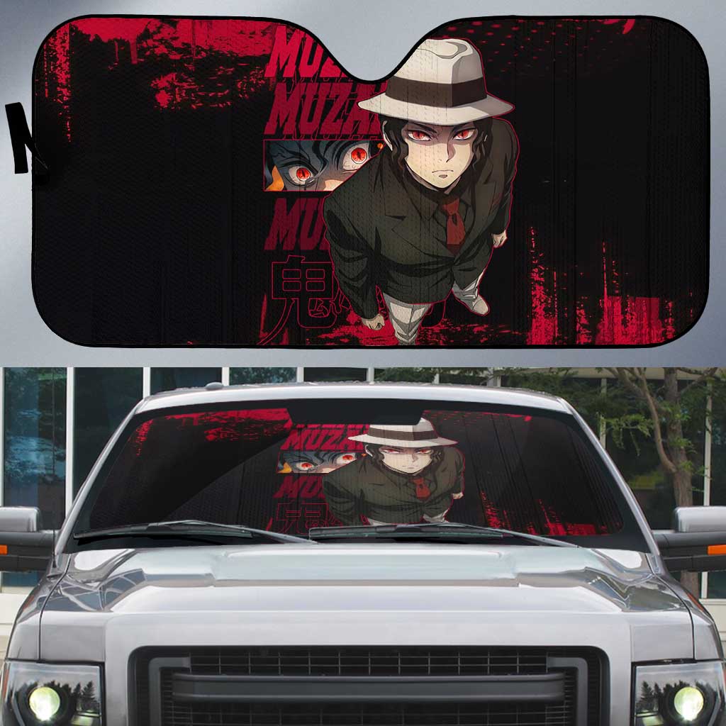 Muzan Kibutsuji Demon Slayer Red Grunge Design Auto Sun Shade with Intense Eyes and Hat Outfit Pose - The Mazicc