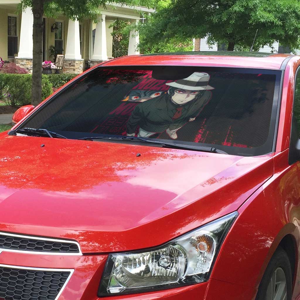 Muzan Kibutsuji Demon Slayer Red Grunge Design Auto Sun Shade with Intense Eyes and Hat Outfit Pose - The Mazicc