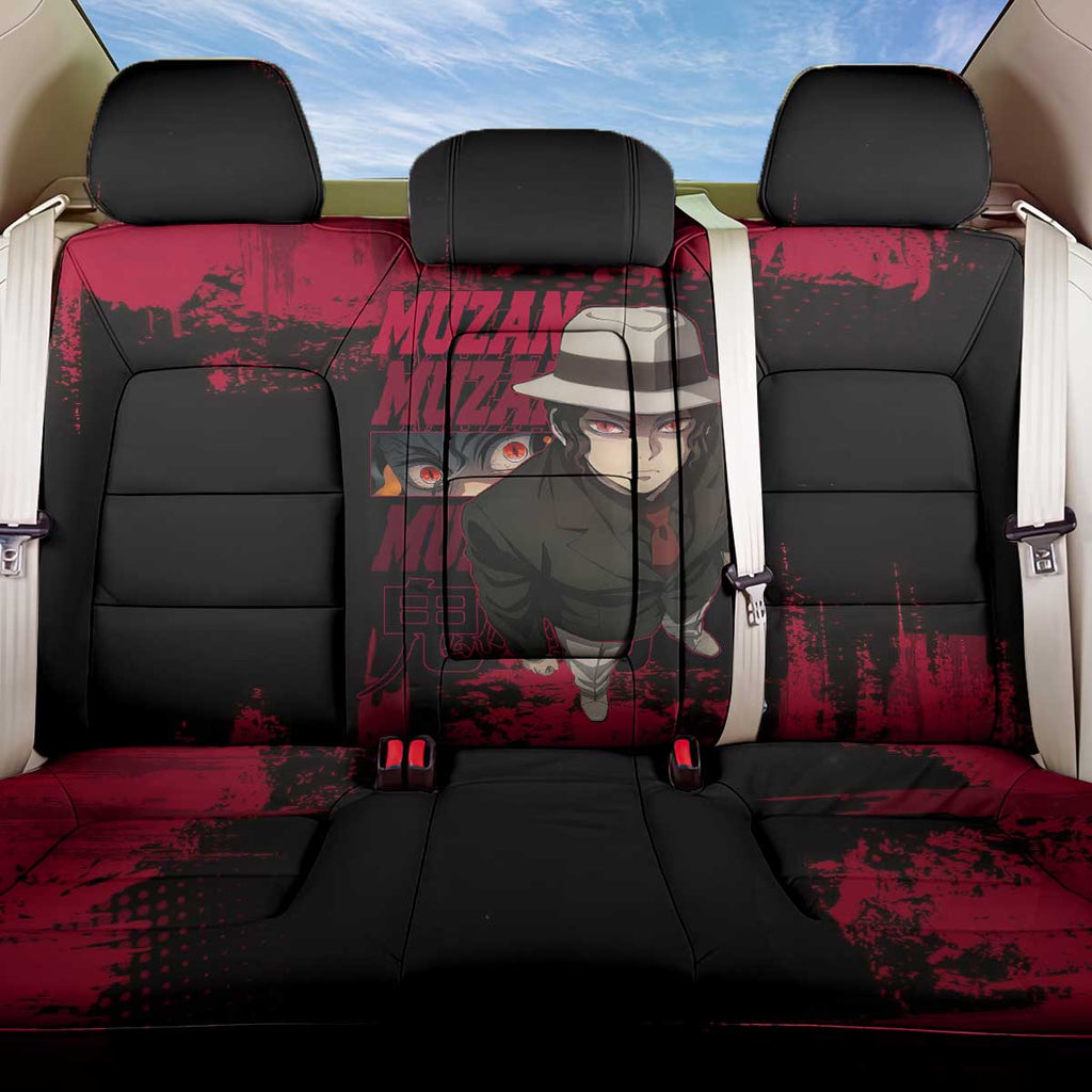 Muzan Kibutsuji Demon Slayer Red Grunge Design Back Car Seat Cover with Intense Eyes and Hat Outfit Pose - The Mazicc