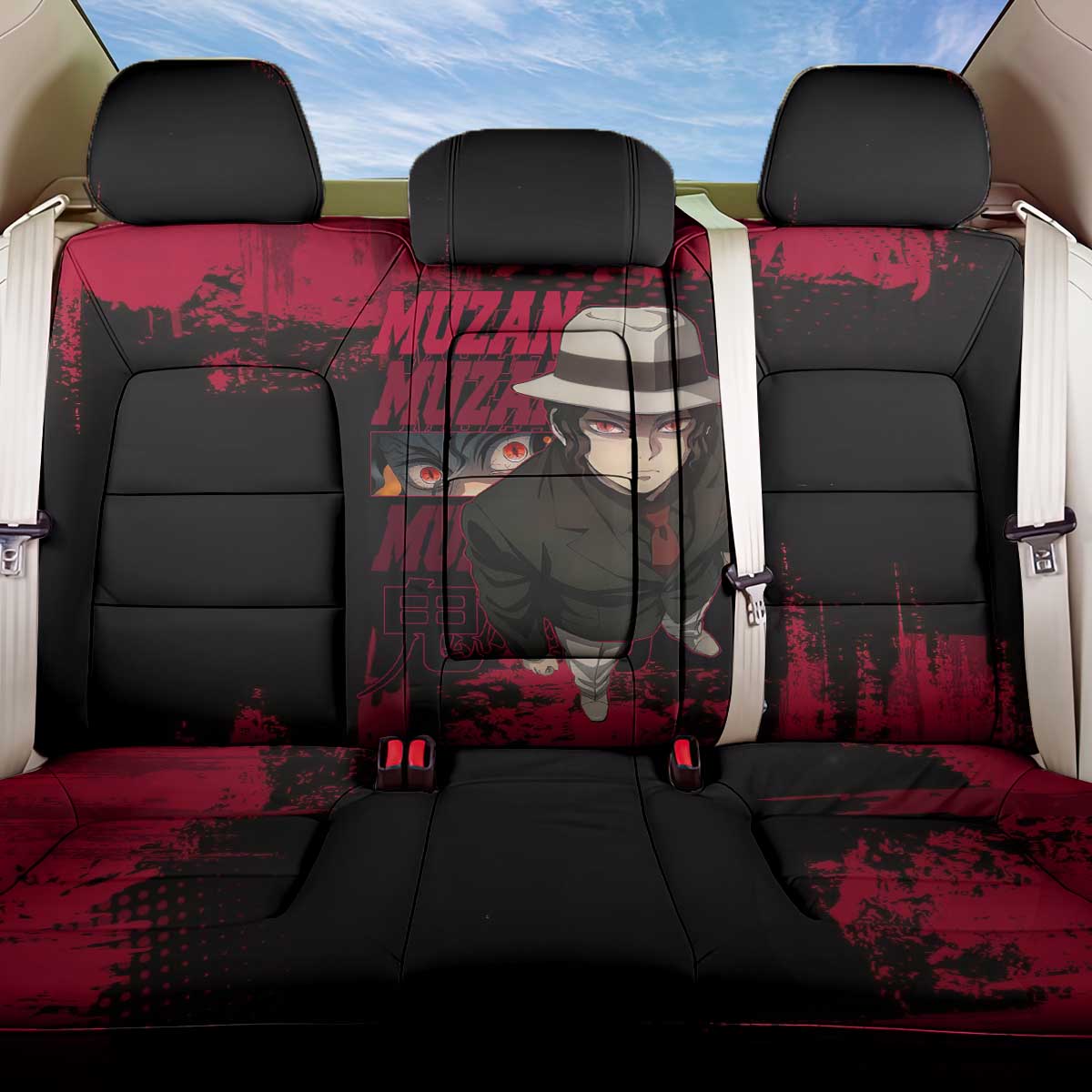 Muzan Kibutsuji Demon Slayer Red Grunge Design Back Car Seat Cover with Intense Eyes and Hat Outfit Pose - The Mazicc