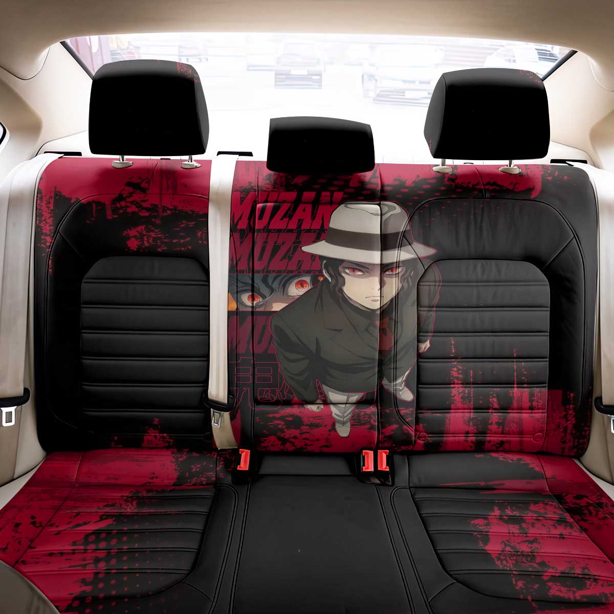 Muzan Kibutsuji Demon Slayer Red Grunge Design Back Car Seat Cover with Intense Eyes and Hat Outfit Pose - The Mazicc