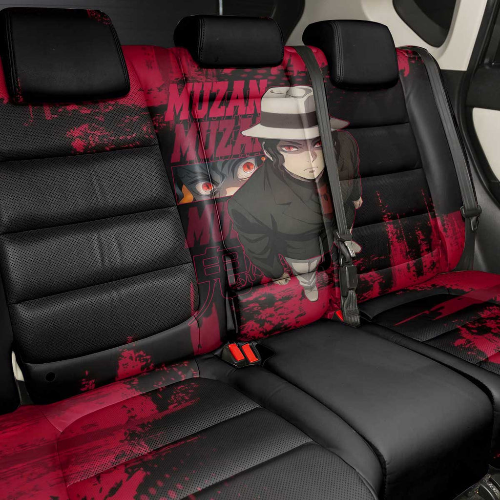 Muzan Kibutsuji Demon Slayer Red Grunge Design Back Car Seat Cover with Intense Eyes and Hat Outfit Pose - The Mazicc
