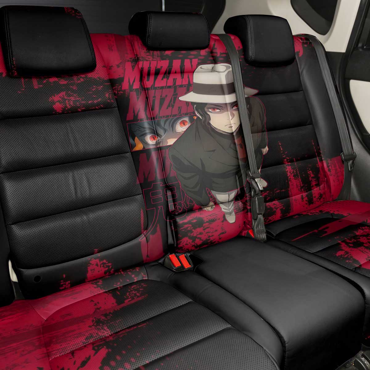Muzan Kibutsuji Demon Slayer Red Grunge Design Back Car Seat Cover with Intense Eyes and Hat Outfit Pose - The Mazicc