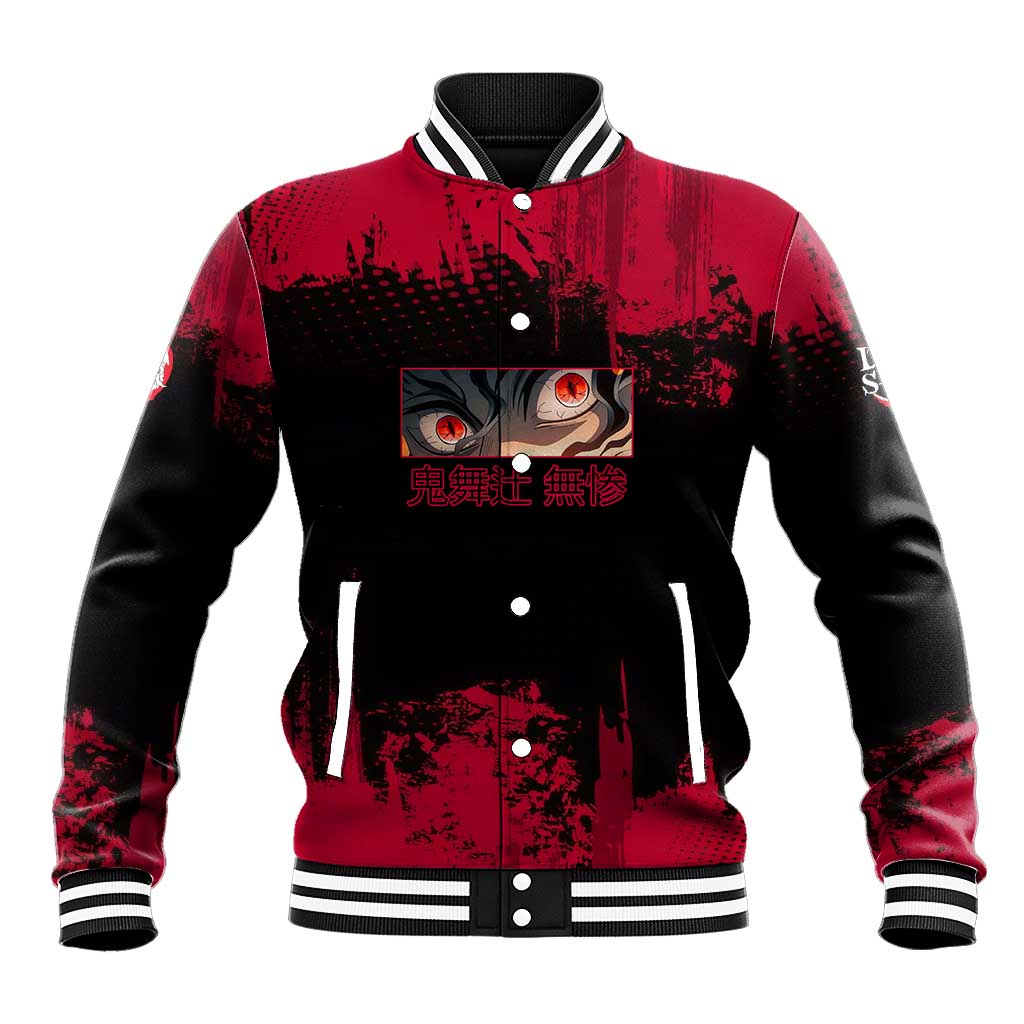 Muzan Kibutsuji Demon Slayer Red Grunge Design Baseball Jacket with Intense Eyes and Hat Outfit Pose - The Mazicc