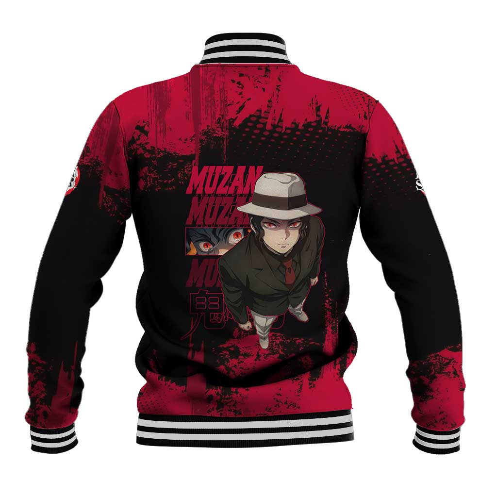 Muzan Kibutsuji Demon Slayer Red Grunge Design Baseball Jacket with Intense Eyes and Hat Outfit Pose - The Mazicc