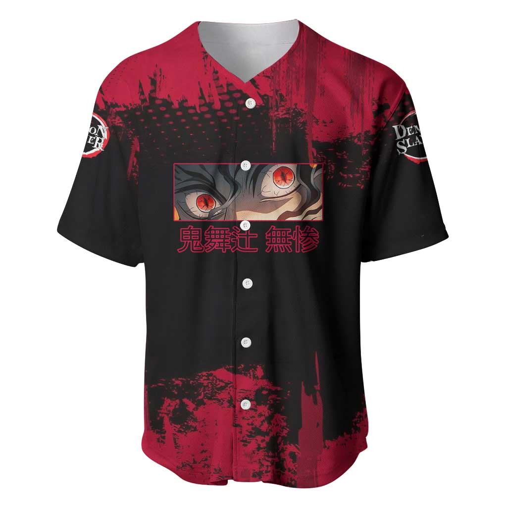 Muzan Kibutsuji Demon Slayer Red Grunge Design Baseball Jersey with Intense Eyes and Hat Outfit Pose - The Mazicc