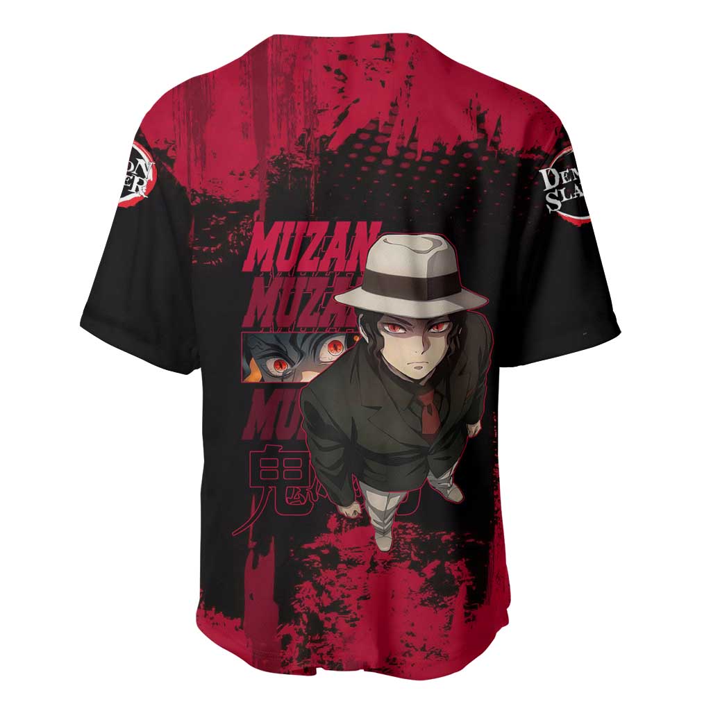 Muzan Kibutsuji Demon Slayer Red Grunge Design Baseball Jersey with Intense Eyes and Hat Outfit Pose - The Mazicc