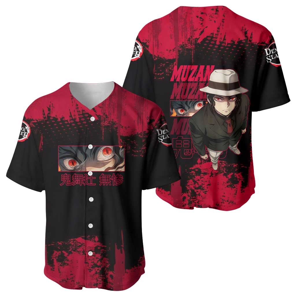 Muzan Kibutsuji Demon Slayer Red Grunge Design Baseball Jersey with Intense Eyes and Hat Outfit Pose - The Mazicc