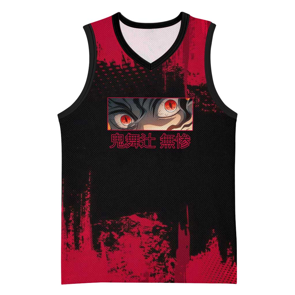 Muzan Kibutsuji Demon Slayer Red Grunge Design Basketball Jersey with Intense Eyes and Hat Outfit Pose - The Mazicc