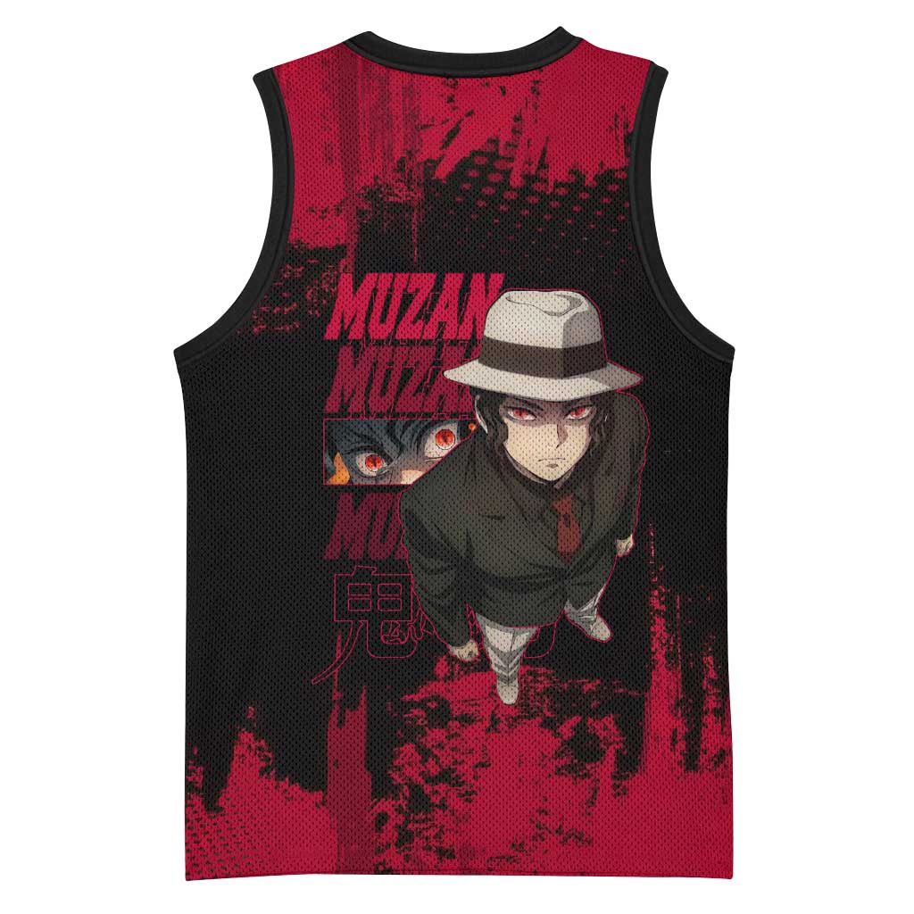 Muzan Kibutsuji Demon Slayer Red Grunge Design Basketball Jersey with Intense Eyes and Hat Outfit Pose - The Mazicc