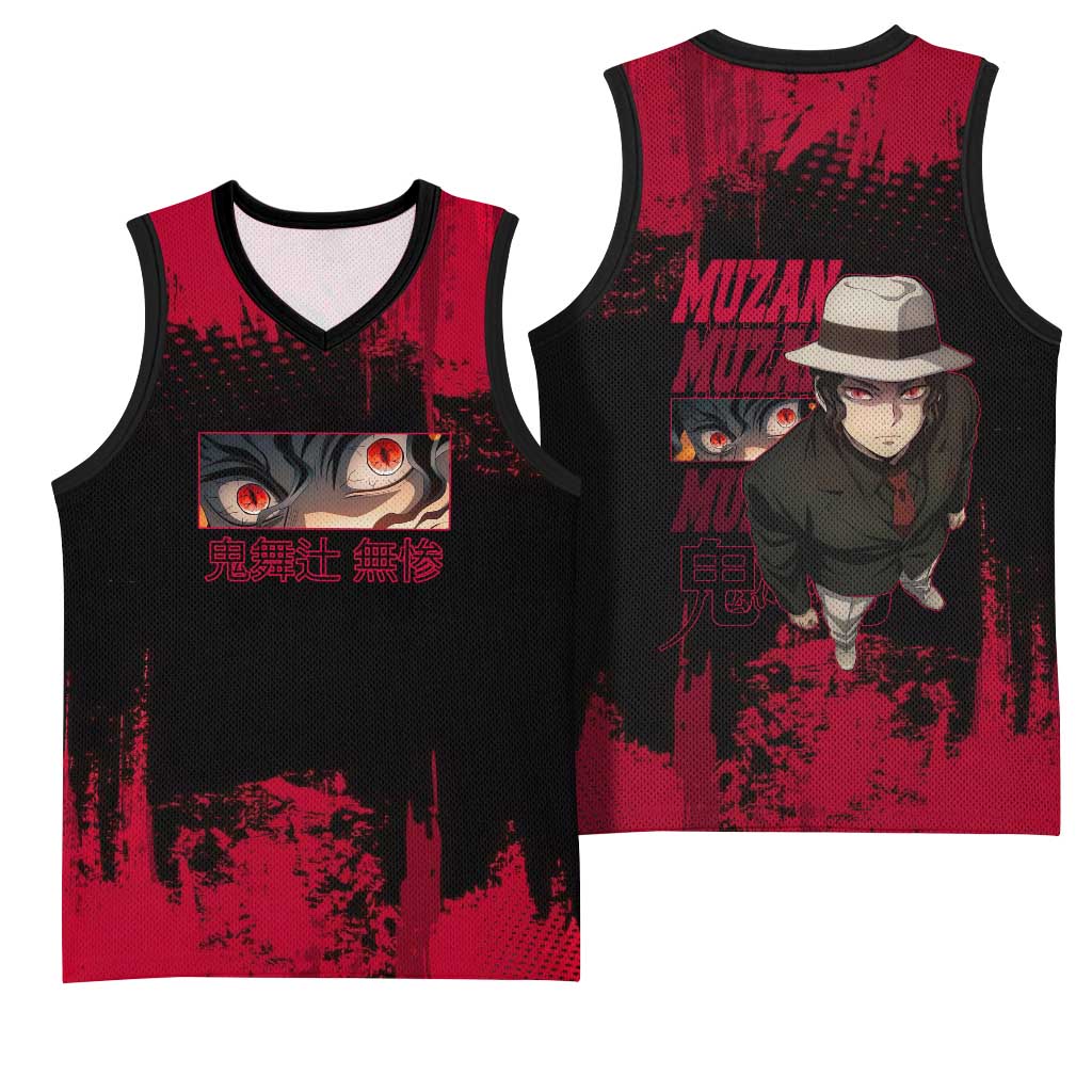 Muzan Kibutsuji Demon Slayer Red Grunge Design Basketball Jersey with Intense Eyes and Hat Outfit Pose - The Mazicc
