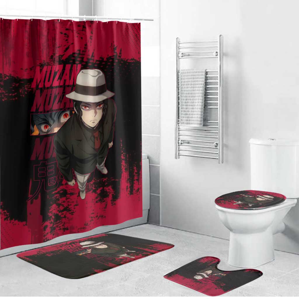 Muzan Kibutsuji Demon Slayer Red Grunge Design Bathroom Set with Intense Eyes and Hat Outfit Pose - The Mazicc