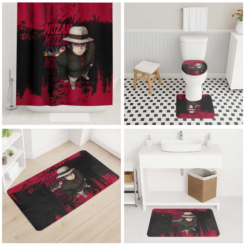 Muzan Kibutsuji Demon Slayer Red Grunge Design Bathroom Set with Intense Eyes and Hat Outfit Pose - The Mazicc