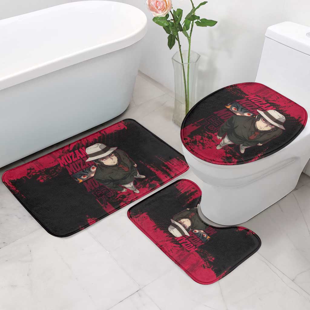 Muzan Kibutsuji Demon Slayer Red Grunge Design Bathroom Set with Intense Eyes and Hat Outfit Pose - The Mazicc