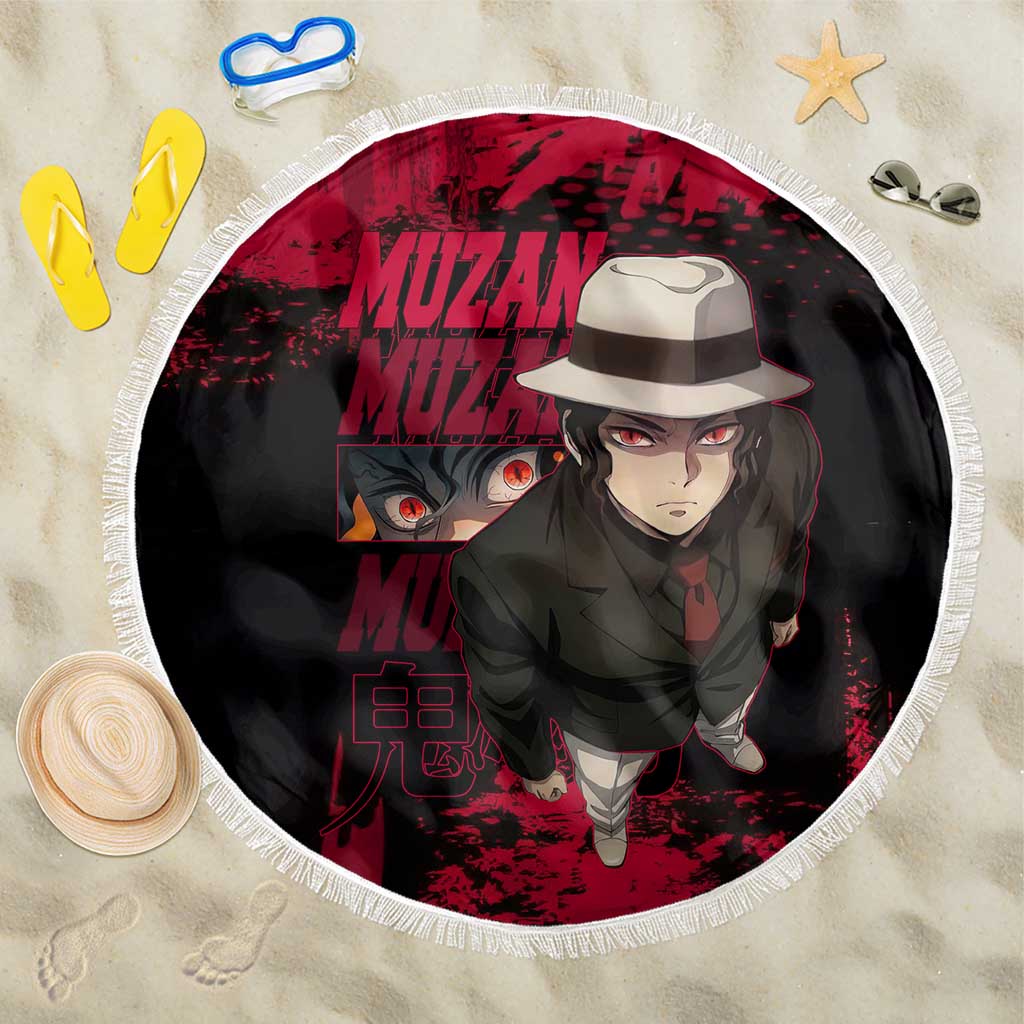 Muzan Kibutsuji Demon Slayer Red Grunge Design Beach Blanket with Intense Eyes and Hat Outfit Pose - The Mazicc