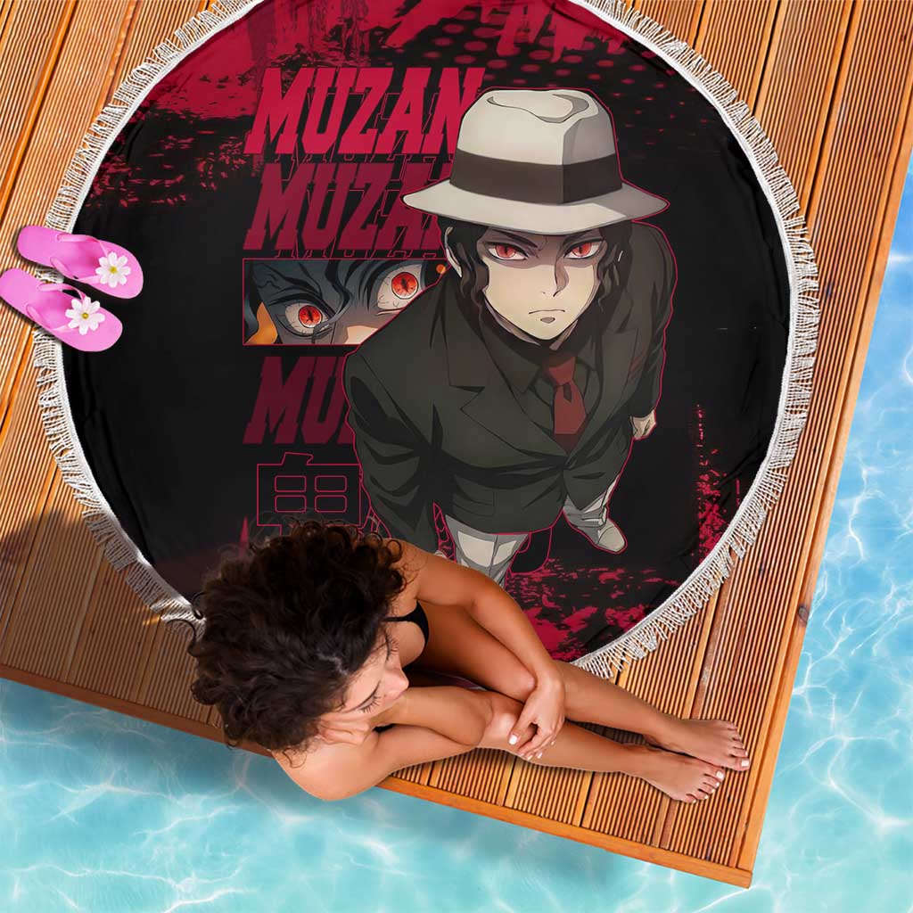 Muzan Kibutsuji Demon Slayer Red Grunge Design Beach Blanket with Intense Eyes and Hat Outfit Pose - The Mazicc