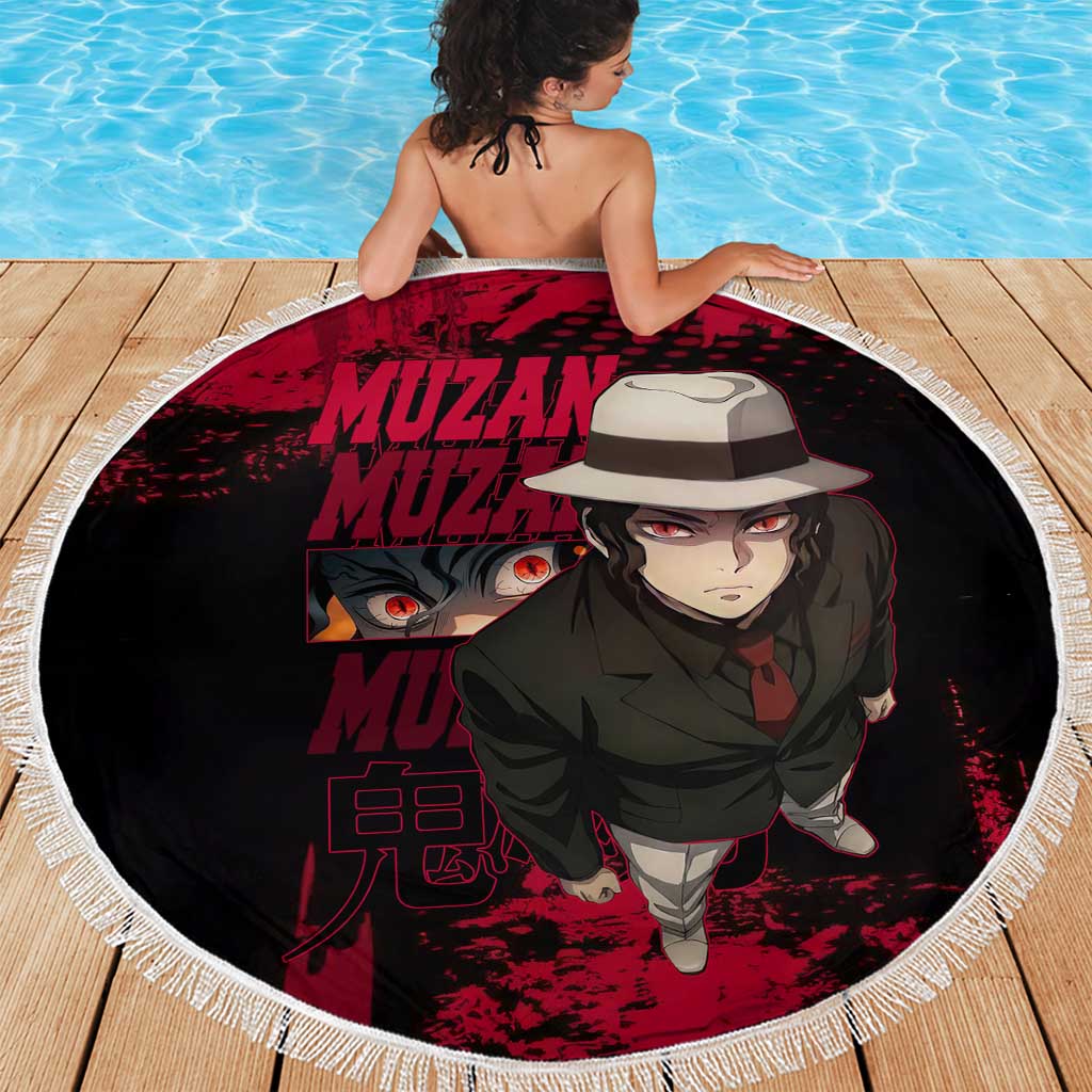Muzan Kibutsuji Demon Slayer Red Grunge Design Beach Blanket with Intense Eyes and Hat Outfit Pose - The Mazicc
