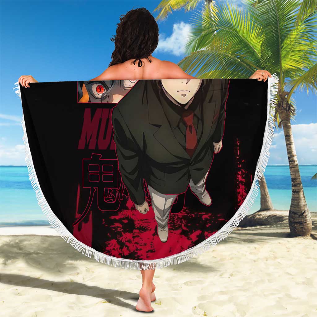 Muzan Kibutsuji Demon Slayer Red Grunge Design Beach Blanket with Intense Eyes and Hat Outfit Pose - The Mazicc