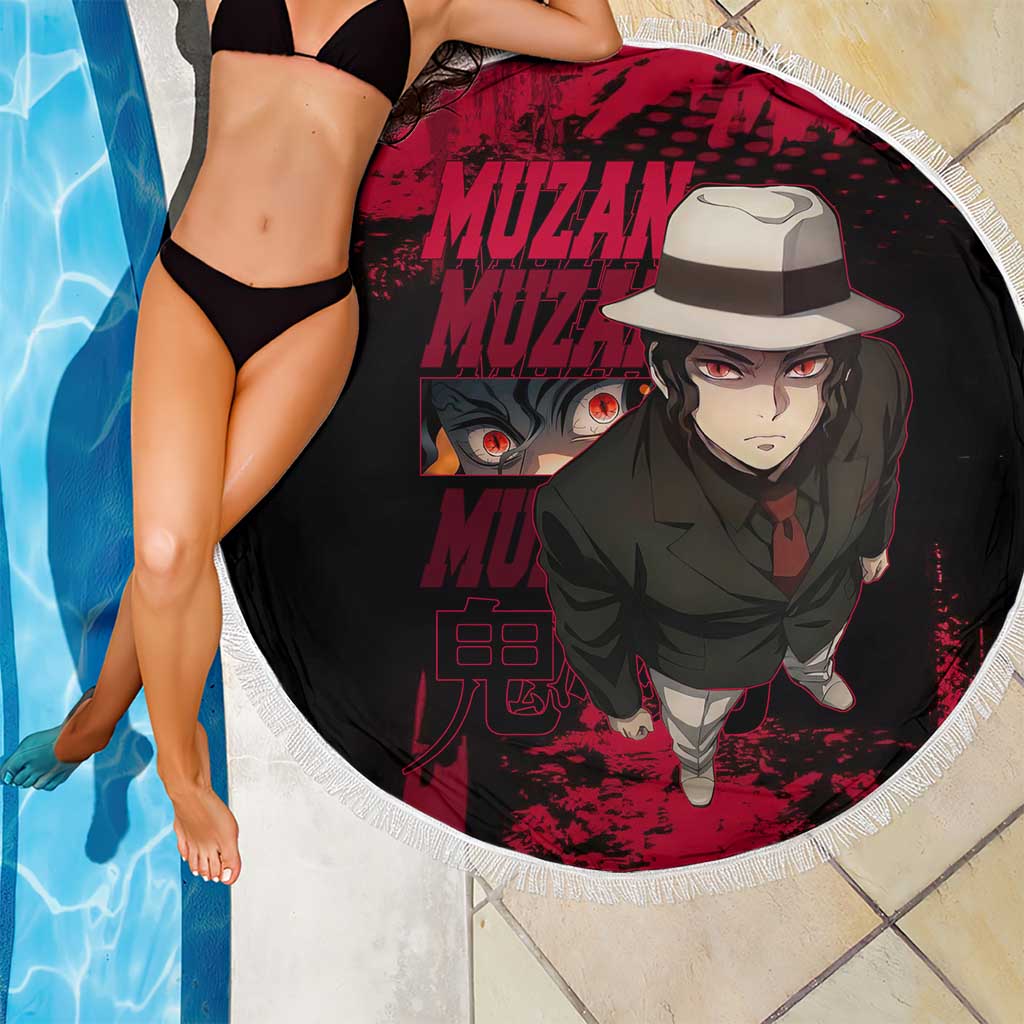 Muzan Kibutsuji Demon Slayer Red Grunge Design Beach Blanket with Intense Eyes and Hat Outfit Pose - The Mazicc