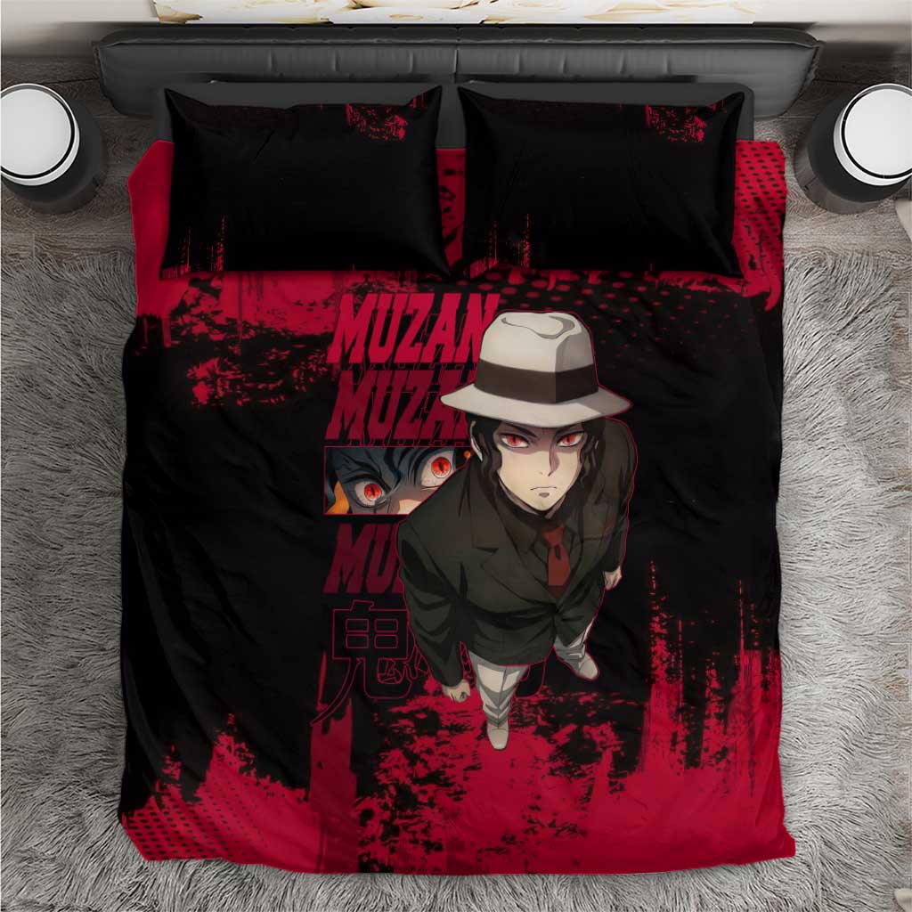 Muzan Kibutsuji Demon Slayer Red Grunge Design Bedding Set with Intense Eyes and Hat Outfit Pose - The Mazicc