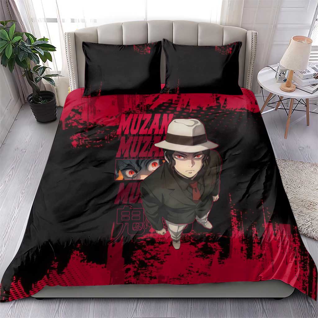 Muzan Kibutsuji Demon Slayer Red Grunge Design Bedding Set with Intense Eyes and Hat Outfit Pose - The Mazicc