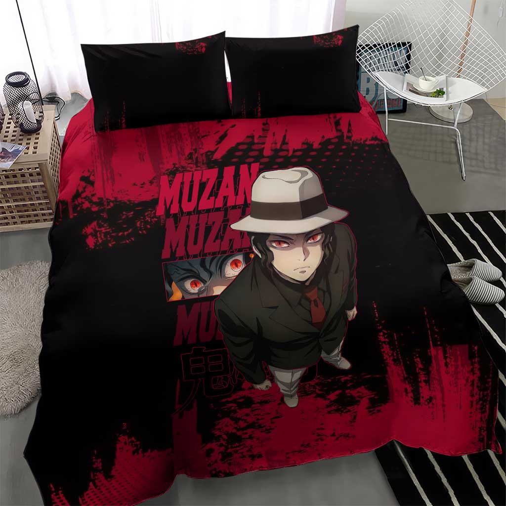 Muzan Kibutsuji Demon Slayer Red Grunge Design Bedding Set with Intense Eyes and Hat Outfit Pose - The Mazicc