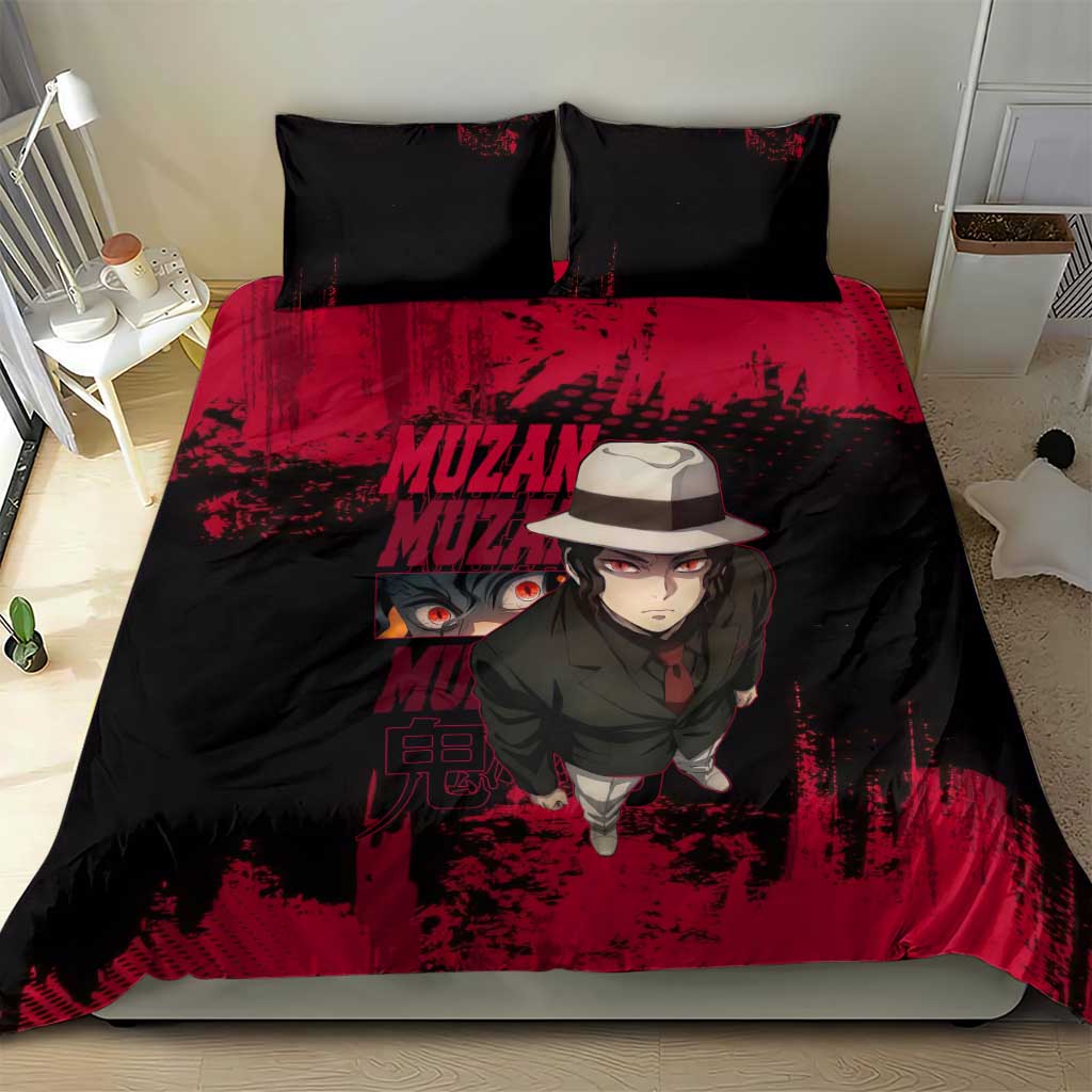 Muzan Kibutsuji Demon Slayer Red Grunge Design Bedding Set with Intense Eyes and Hat Outfit Pose - The Mazicc