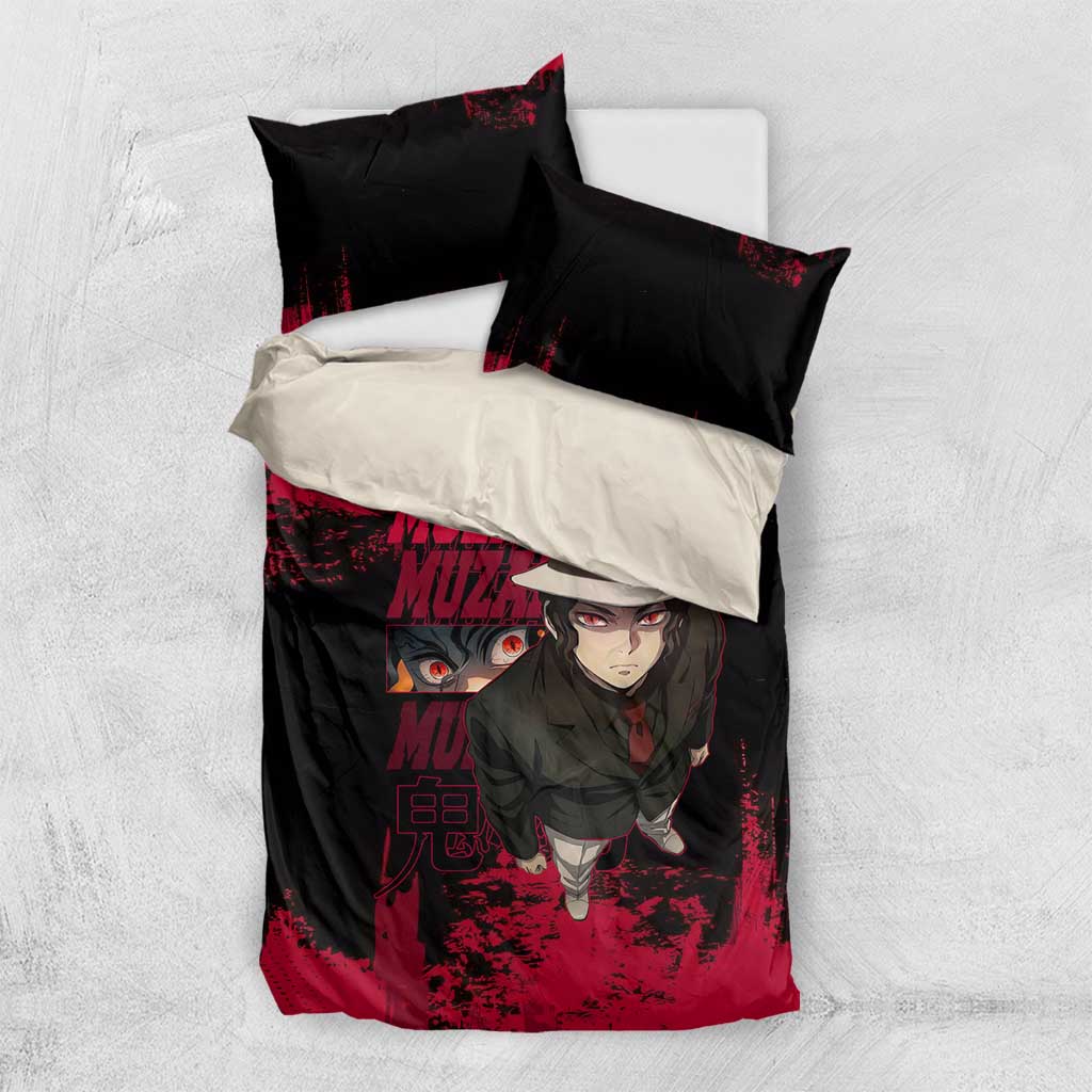 Muzan Kibutsuji Demon Slayer Red Grunge Design Bedding Set with Intense Eyes and Hat Outfit Pose - The Mazicc