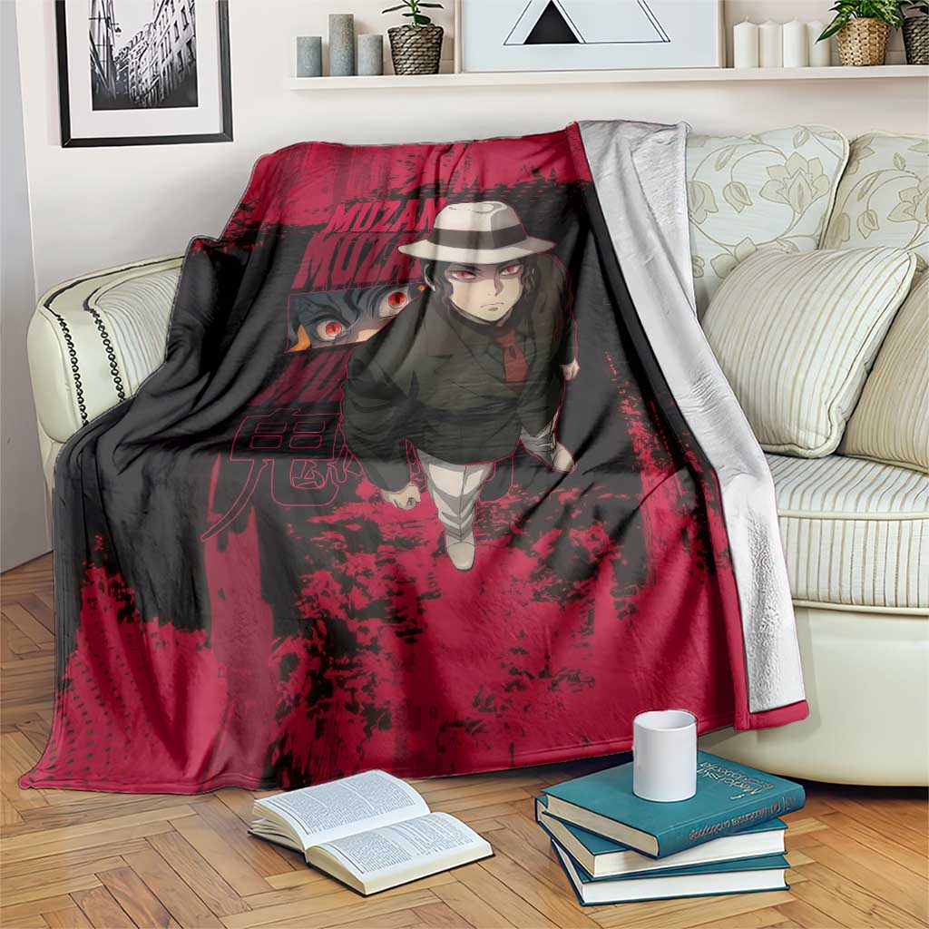 Muzan Kibutsuji Demon Slayer Red Grunge Design Blanket with Intense Eyes and Hat Outfit Pose - The Mazicc