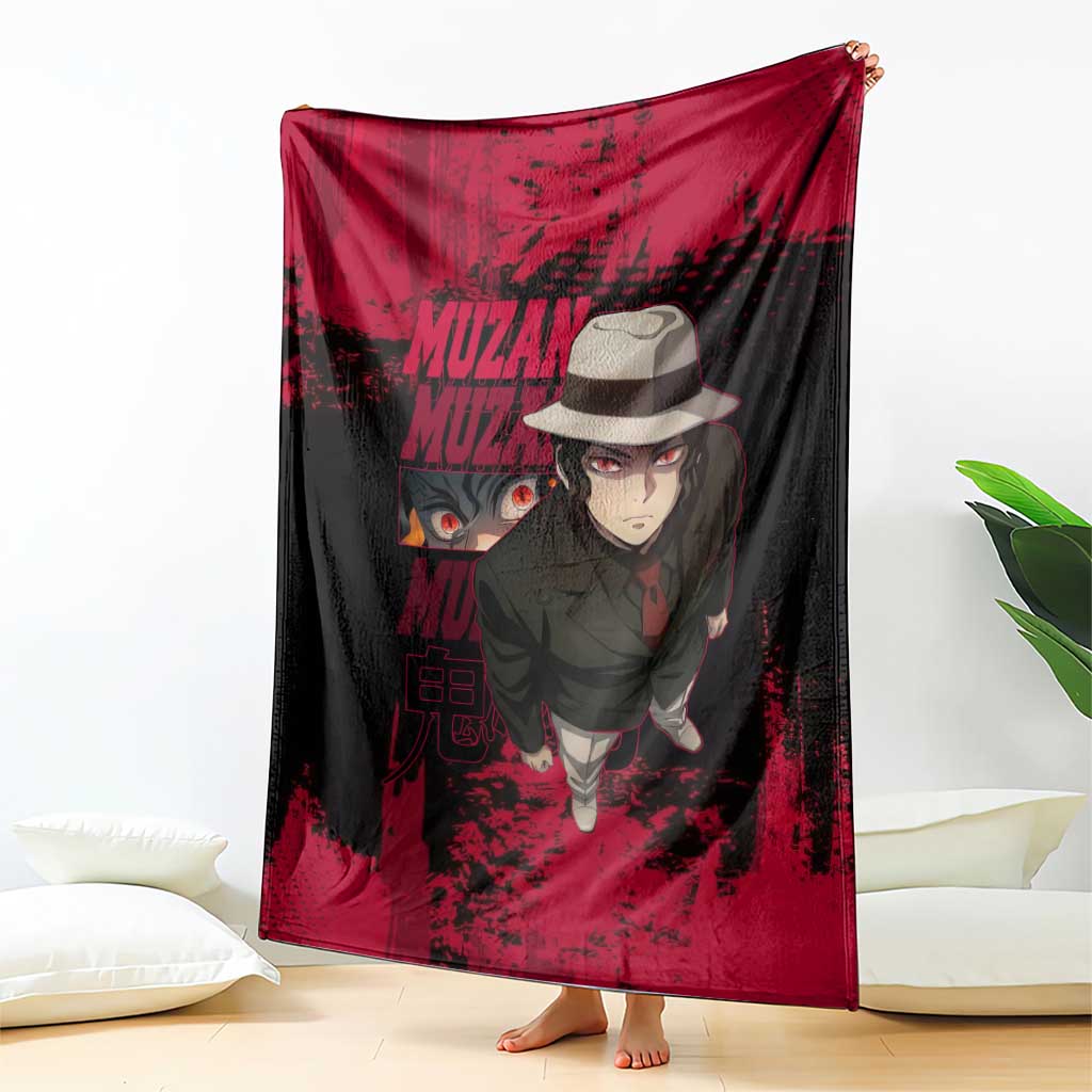 Muzan Kibutsuji Demon Slayer Red Grunge Design Blanket with Intense Eyes and Hat Outfit Pose - The Mazicc