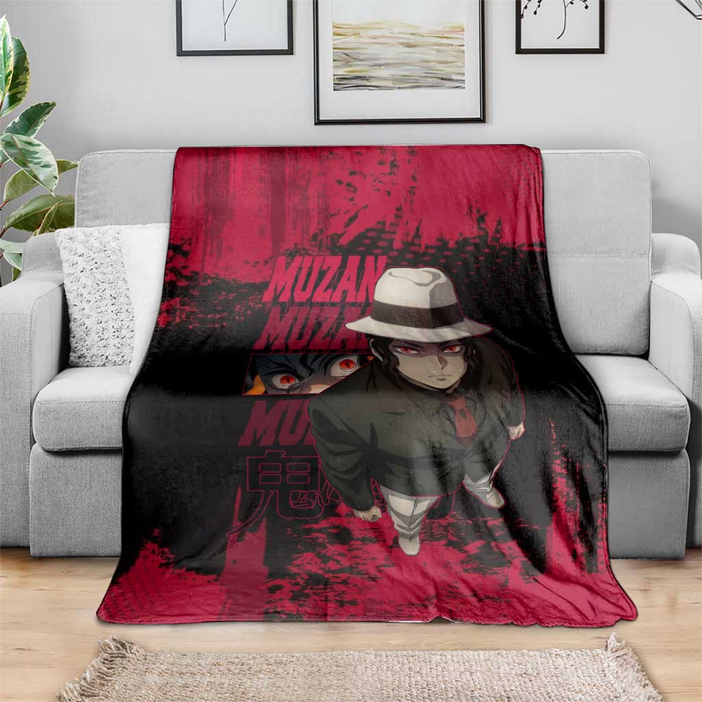 Muzan Kibutsuji Demon Slayer Red Grunge Design Blanket with Intense Eyes and Hat Outfit Pose - The Mazicc