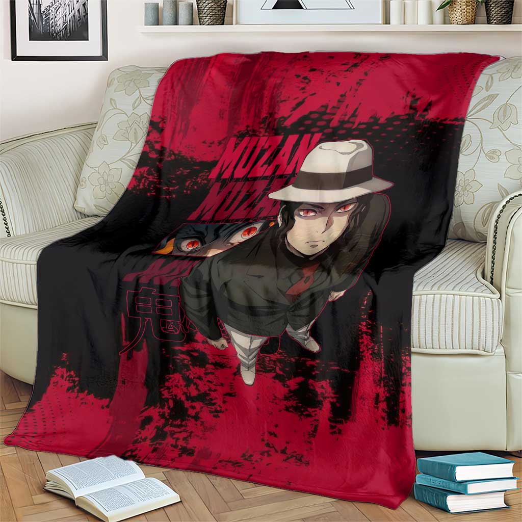 Muzan Kibutsuji Demon Slayer Red Grunge Design Blanket with Intense Eyes and Hat Outfit Pose - The Mazicc