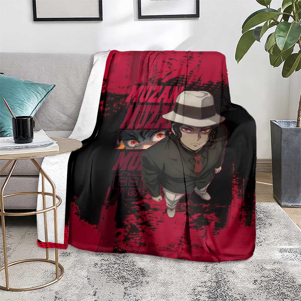 Muzan Kibutsuji Demon Slayer Red Grunge Design Blanket with Intense Eyes and Hat Outfit Pose - The Mazicc