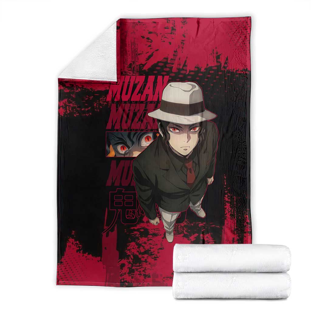 Muzan Kibutsuji Demon Slayer Red Grunge Design Blanket with Intense Eyes and Hat Outfit Pose - The Mazicc
