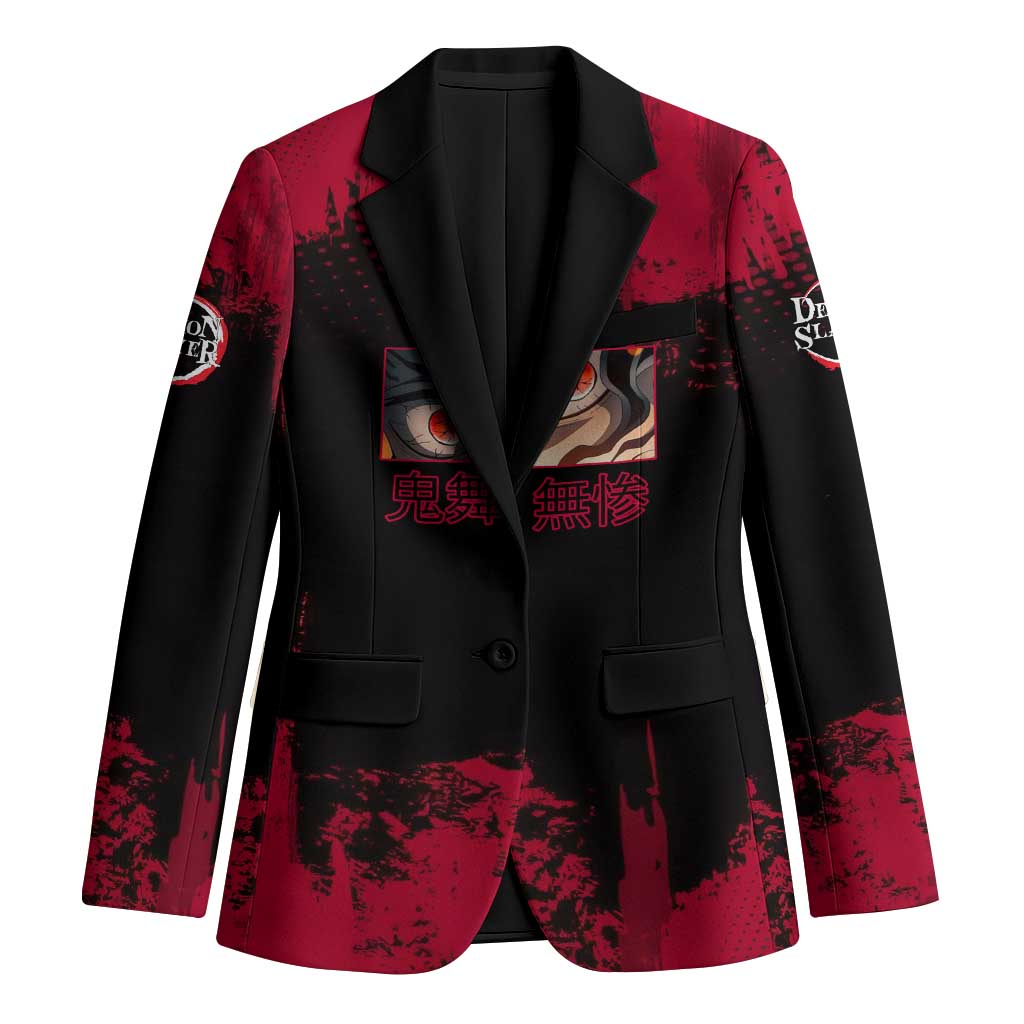 Muzan Kibutsuji Demon Slayer Red Grunge Design Blazer with Intense Eyes and Hat Outfit Pose - The Mazicc