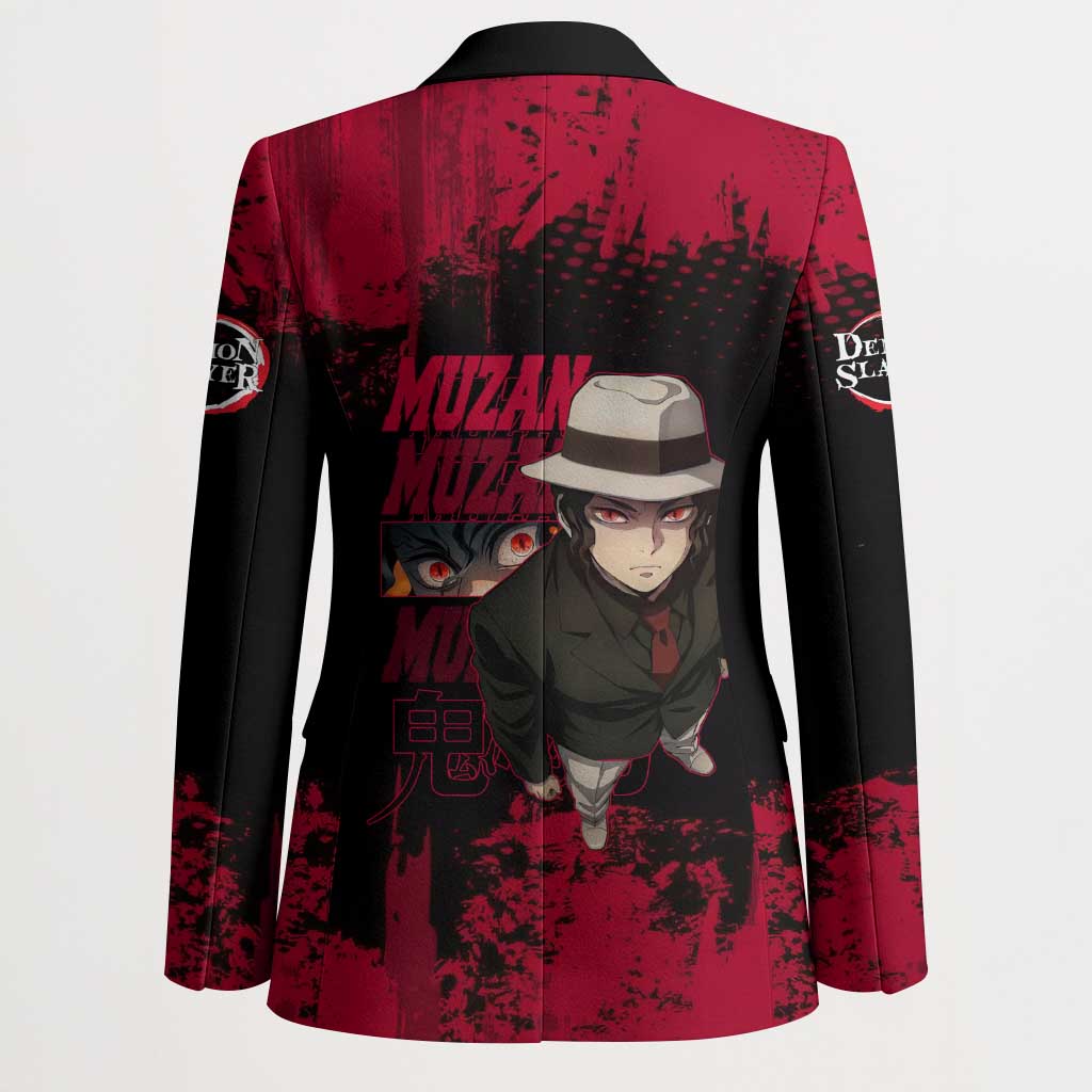 Muzan Kibutsuji Demon Slayer Red Grunge Design Blazer with Intense Eyes and Hat Outfit Pose - The Mazicc
