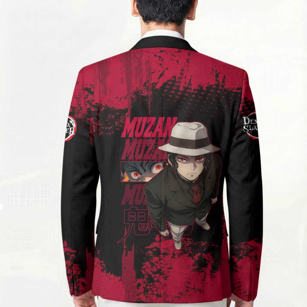 Muzan Kibutsuji Demon Slayer Red Grunge Design Blazer with Intense Eyes and Hat Outfit Pose - The Mazicc