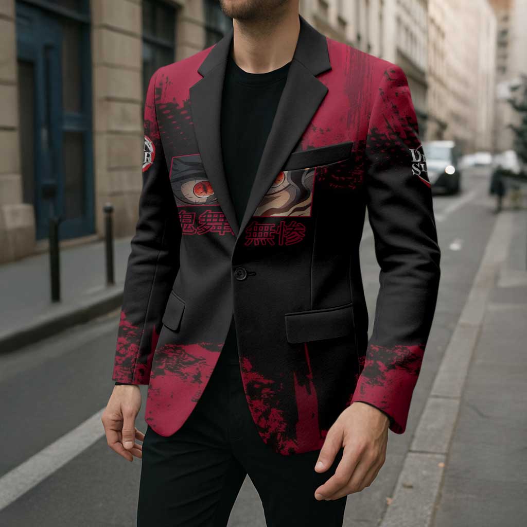 Muzan Kibutsuji Demon Slayer Red Grunge Design Blazer with Intense Eyes and Hat Outfit Pose - The Mazicc