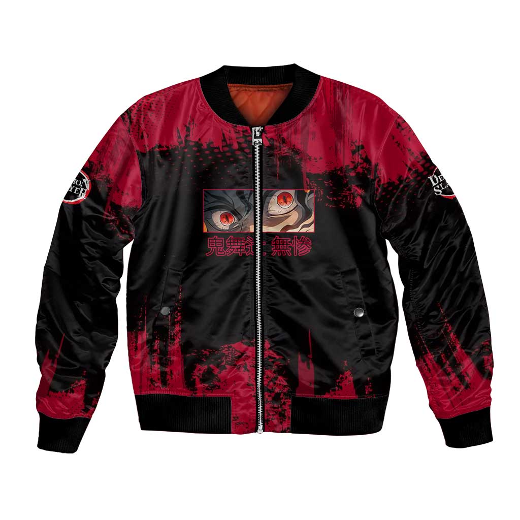Muzan Kibutsuji Demon Slayer Red Grunge Design Bomber Jacket with Intense Eyes and Hat Outfit Pose - The Mazicc
