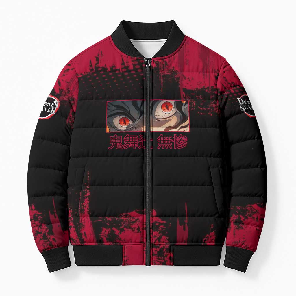 Muzan Kibutsuji Demon Slayer Red Grunge Design Bomber Puffer Jacket with Intense Eyes and Hat Outfit Pose - The Mazicc