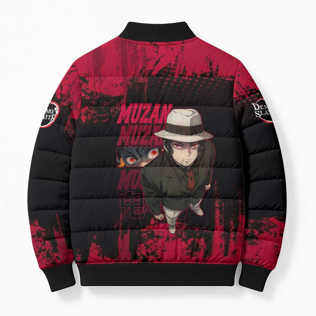 Muzan Kibutsuji Demon Slayer Red Grunge Design Bomber Puffer Jacket with Intense Eyes and Hat Outfit Pose - The Mazicc