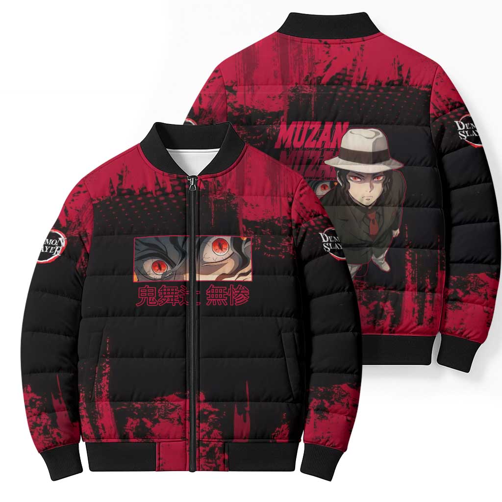 Muzan Kibutsuji Demon Slayer Red Grunge Design Bomber Puffer Jacket with Intense Eyes and Hat Outfit Pose - The Mazicc