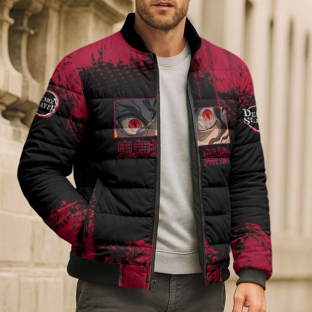 Muzan Kibutsuji Demon Slayer Red Grunge Design Bomber Puffer Jacket with Intense Eyes and Hat Outfit Pose - The Mazicc