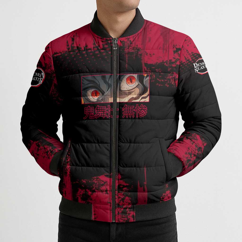 Muzan Kibutsuji Demon Slayer Red Grunge Design Bomber Puffer Jacket with Intense Eyes and Hat Outfit Pose - The Mazicc