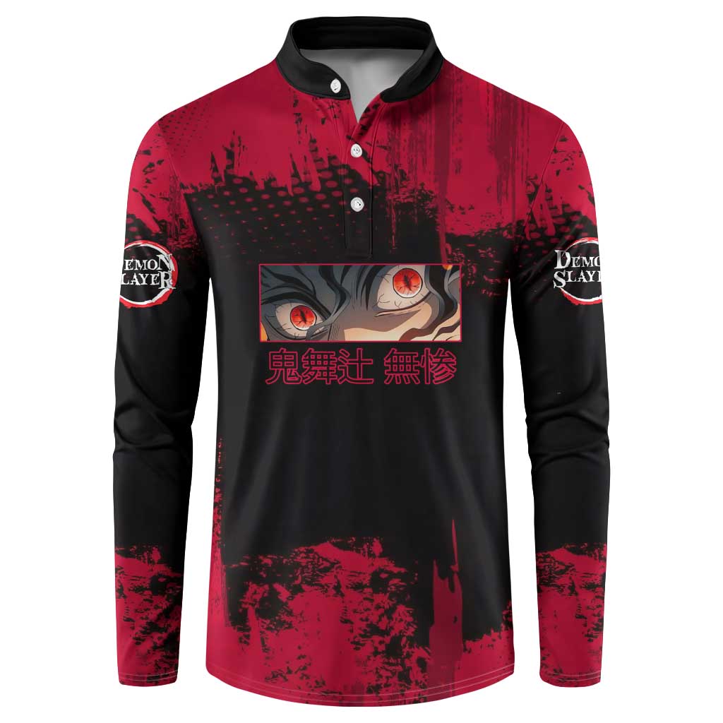 Muzan Kibutsuji Demon Slayer Red Grunge Design Button Sweatshirt with Intense Eyes and Hat Outfit Pose - The Mazicc