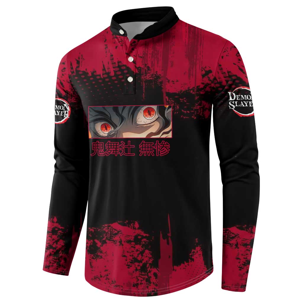 Muzan Kibutsuji Demon Slayer Red Grunge Design Button Sweatshirt with Intense Eyes and Hat Outfit Pose - The Mazicc