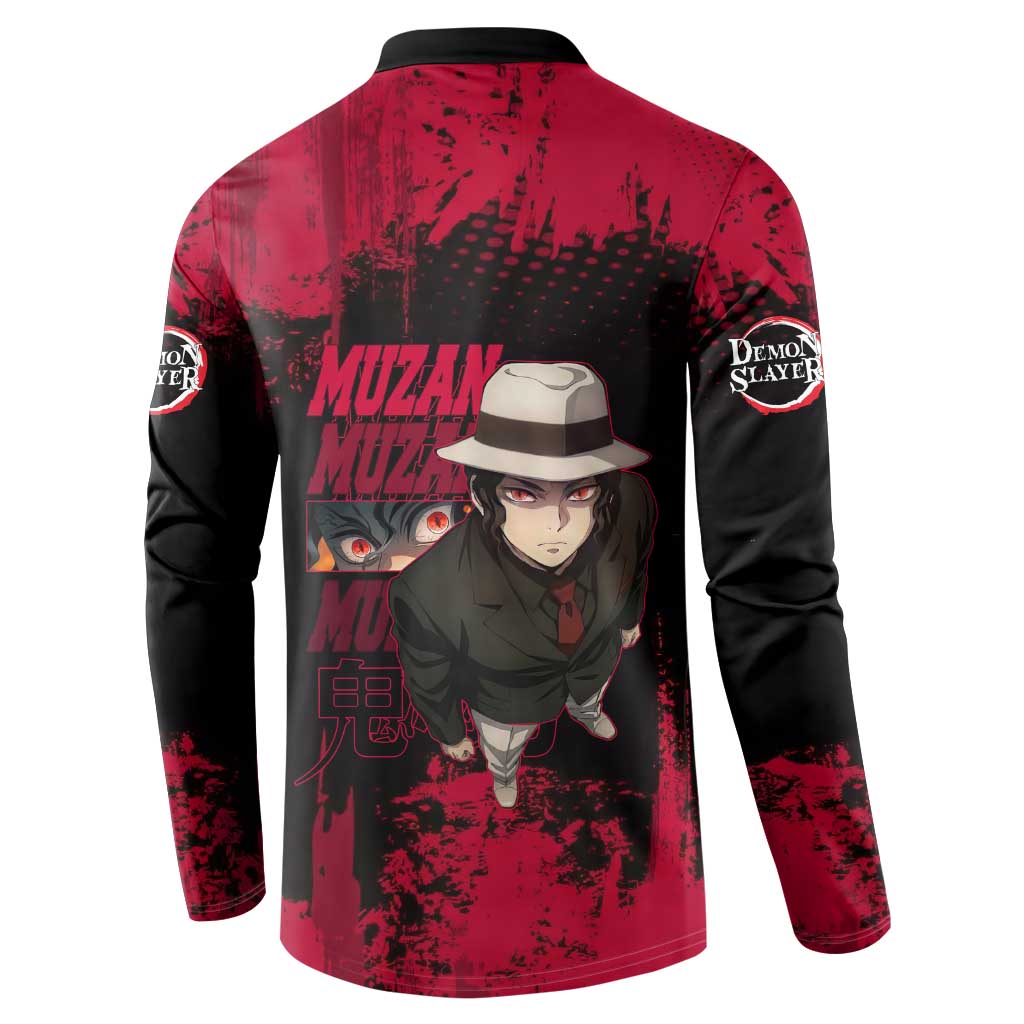 Muzan Kibutsuji Demon Slayer Red Grunge Design Button Sweatshirt with Intense Eyes and Hat Outfit Pose - The Mazicc