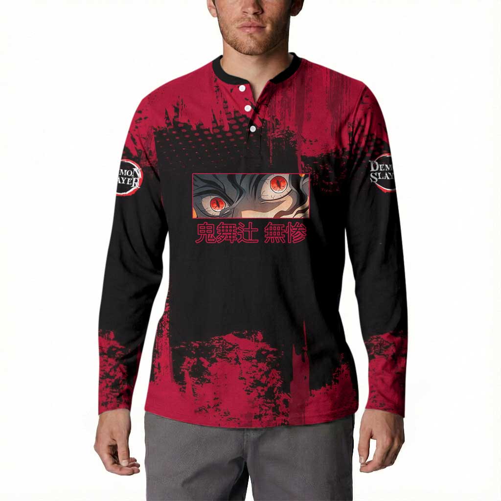 Muzan Kibutsuji Demon Slayer Red Grunge Design Button Sweatshirt with Intense Eyes and Hat Outfit Pose - The Mazicc