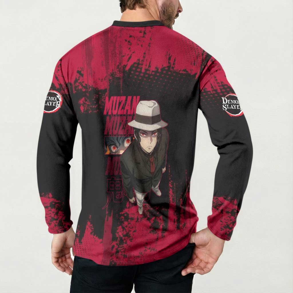 Muzan Kibutsuji Demon Slayer Red Grunge Design Button Sweatshirt with Intense Eyes and Hat Outfit Pose - The Mazicc