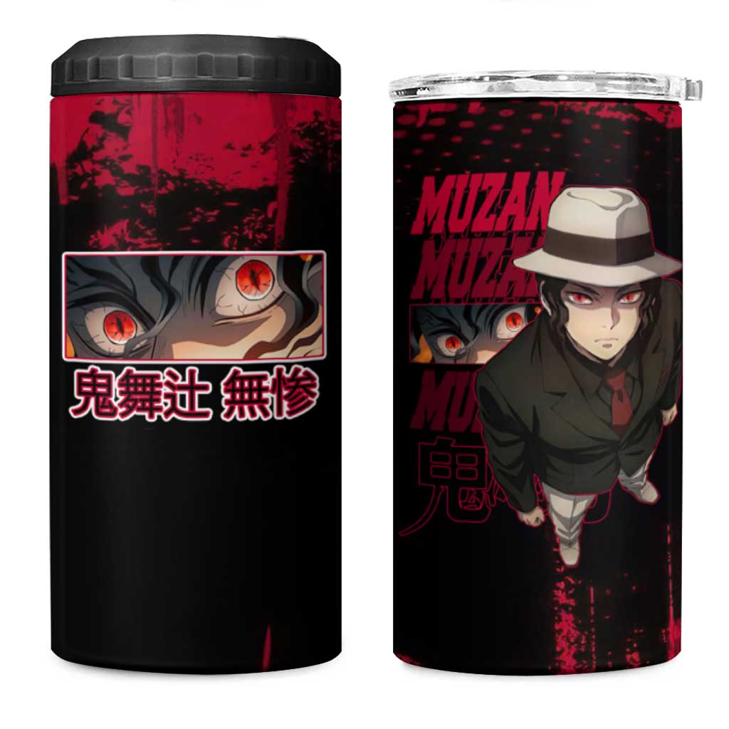 Muzan Kibutsuji Demon Slayer Red Grunge Design 4 in 1 Can Cooler Tumbler with Intense Eyes and Hat Outfit Pose - The Mazicc